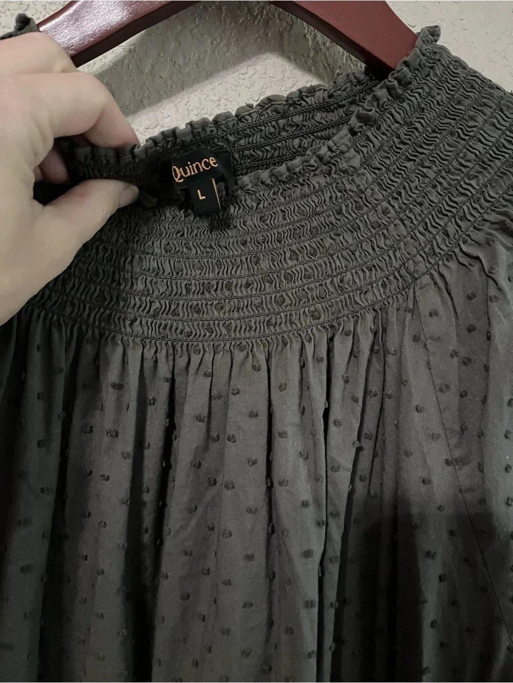 Quince Charcoal Gray Swiss Dot Smocked Midi 100% Cotton Puff Sleeve Large - Picture 5 of 11